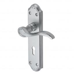 Heritage Brass Door Handle Lever Lock Verona Small Design Satin Chrome finish.jpg
