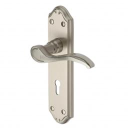 Heritage Brass Door Handle Lever Lock Verona Small Design Satin Nickel finish.jpg