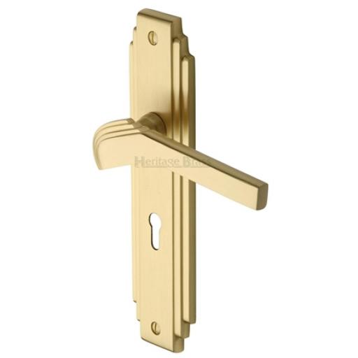 Heritage Brass Door Handle Lever Lock Tiffany Design Satin Brass Finish.jpg