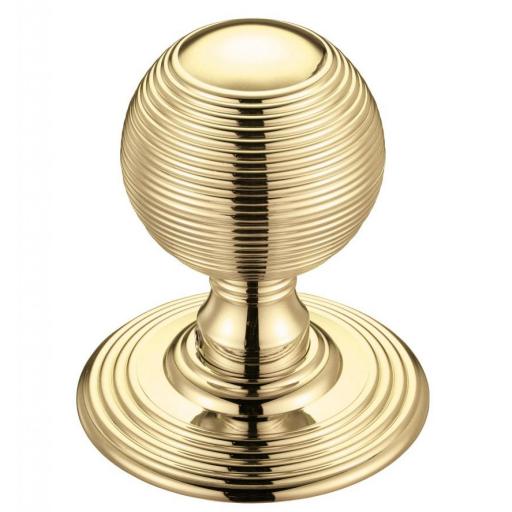 Ringed Mortice Knob on Round Rose in Polished Brass
