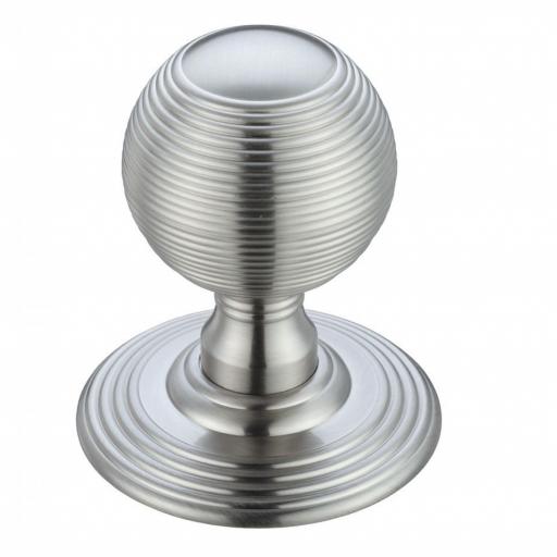 Ringed Mortice Knob on Round Rose in Satin Chrome