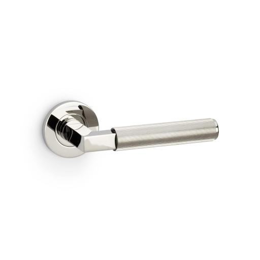 Alexander and Wilks Hurricane Reeded Lever on Round Rose Polished Nickel